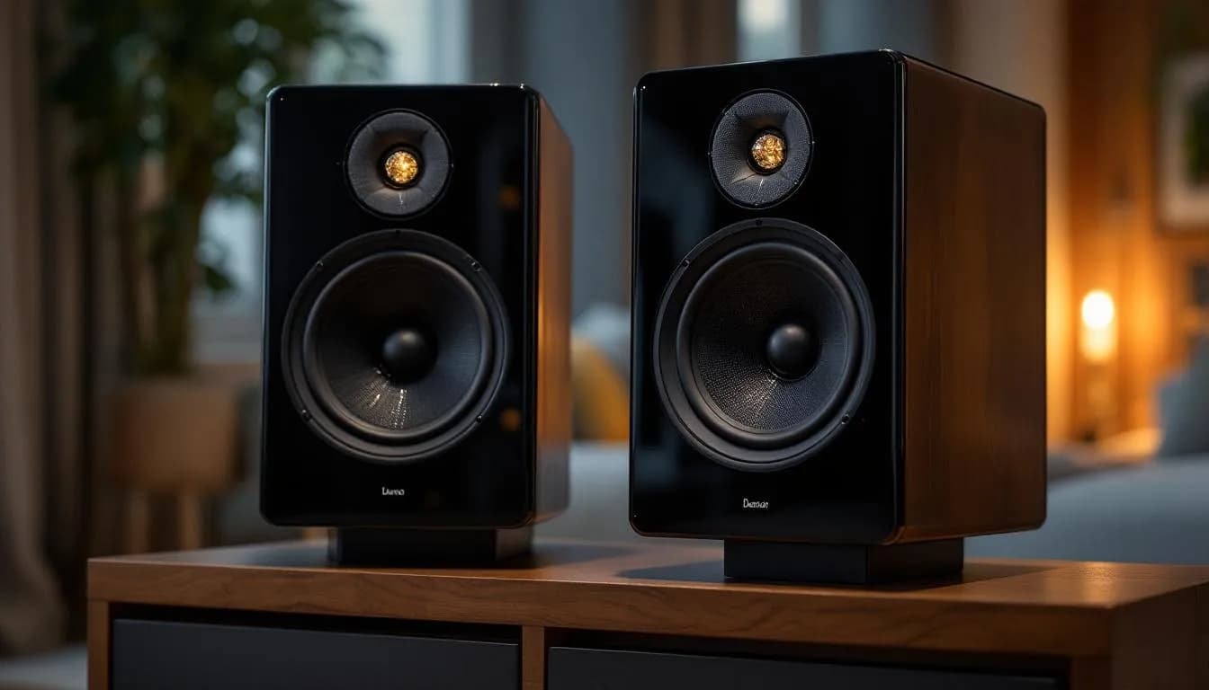 The image features high-end audio speakers equipped with diamond dome tweeters, designed to deliver exceptional sound quality for music enthusiasts and professionals alike. These speakers are ideal for studios and live performances, providing precision and clarity that enhance the listening experience.