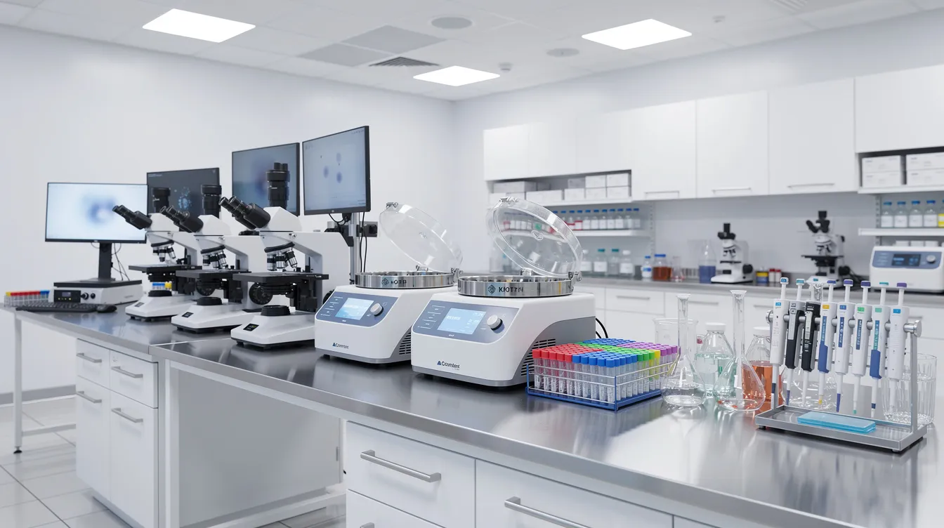 e24b3915 91dc 4053 af3d aa078689d62c The image showcases modern laboratory equipment, including microscopes and centrifuge machines, neatly arranged on a stainless steel bench, highlighting the advanced tools used in a pathology lab for diagnostic procedures and tests. This setup reflects the essential infrastructure of a modern diagnostic center, crucial for accurate results in the healthcare sector.