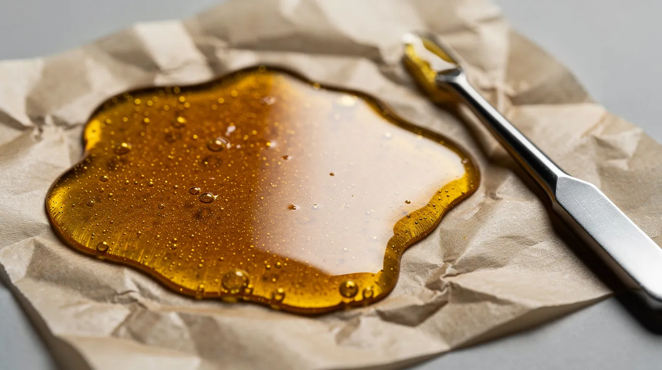 Op de foto zie je goudgeel, versgeperst rosin op perkamentpapier, met daarnaast een dabber van roestvrij staal. Deze afbeelding laat de kwaliteit zien van het eindproduct dat is gemaakt met behulp van de rosin-techniek voor de extractie van cannabisconcentraten.