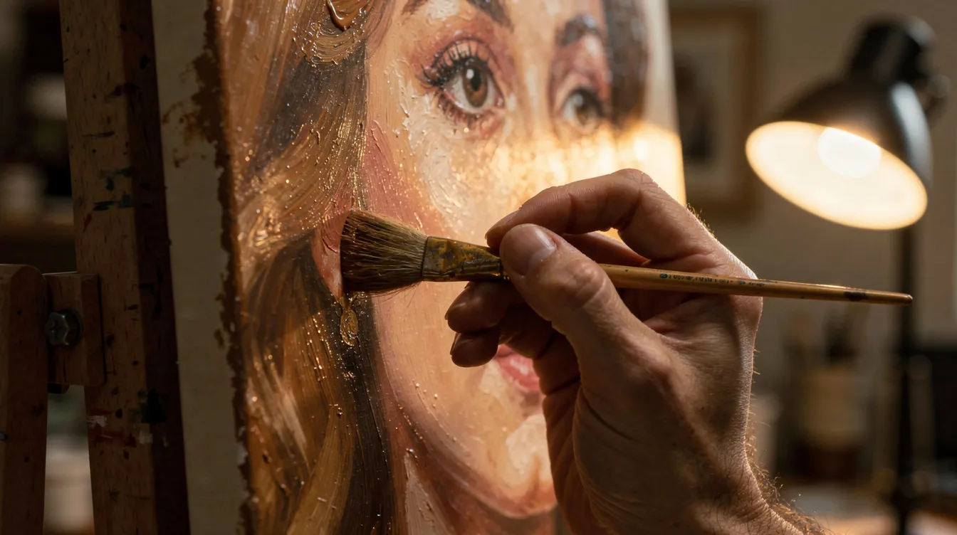 Techniques for Creating Erotic Illustrations: From First Sketch to Finished Art 4 - Consent Culture A close-up view of an artist's hand skillfully blending warm skin tones on a canvas, illuminated by a nearby warm lamp, captures the intimate process of creating erotic art that celebrates the human form. The soft brushes used reflect the artist's passion and technique in drawing sensual figures that evoke desire and beauty.