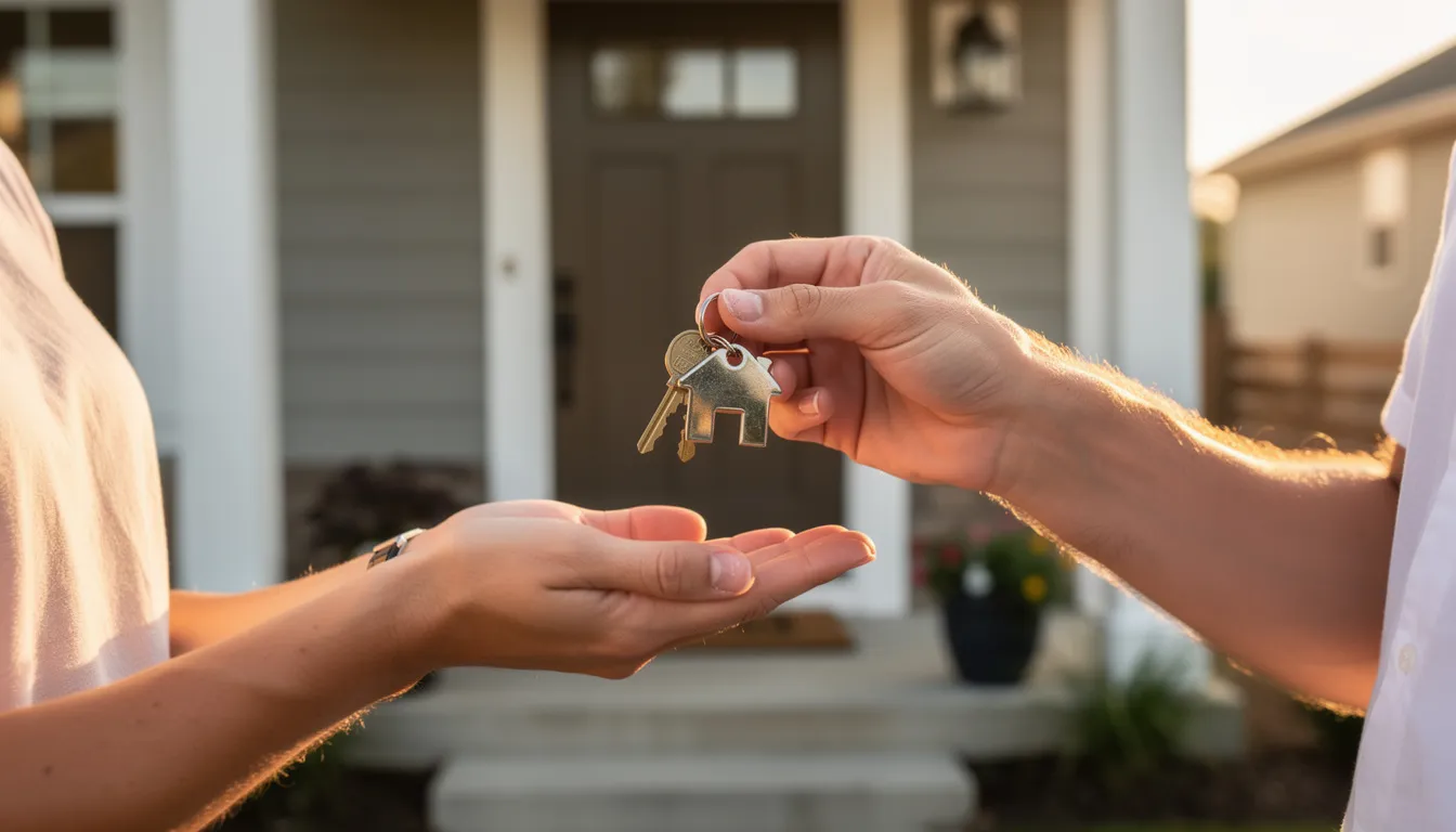 A pair of keys is being handed over in front of a house entrance, symbolizing the transition of an Airbnb property to a new host. This moment captures the excitement of entering the short term rental market, where real estate investors can generate passive income through vacation rentals.