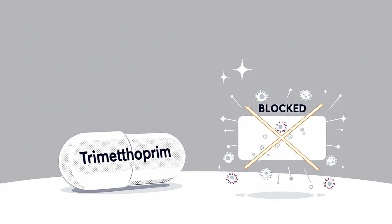 An antibiotic capsule labeled 'Trimethoprim' is displayed beside a simplified graphic illustrating bacteria being blocked or neutralized, set against a clean, minimalistic background. This image serves as an educational visual for understanding acne treatment and the role of topical antibiotics in addressing skin conditions.
