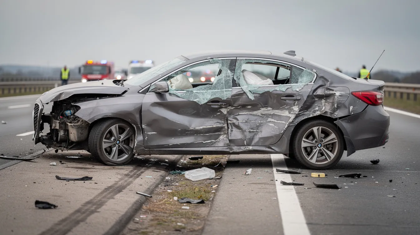 The image depicts a severely damaged vehicle involved in a high-speed car accident, showcasing significant structural damage from a side view. This scene highlights the aftermath of a car crash, which can lead to serious injuries and necessitate the expertise of a car accident attorney for victims seeking compensation.
