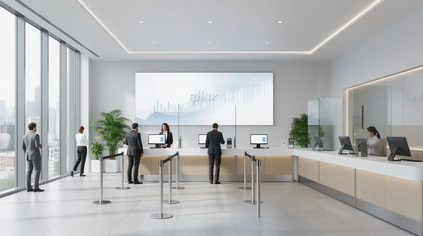 The image depicts a modern bank interior featuring a clean design with sleek service counters. This inviting space reflects the evolving landscape of banks in Senegal, catering to both local and expat clients seeking reliable financial services and seamless banking operations.