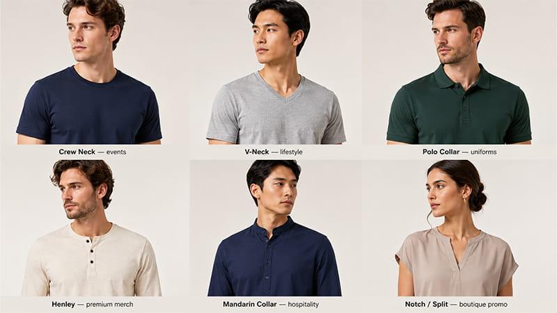 Six shirt neck styles compared by use case, including crew neck, V-neck, polo collar, Henley, Mandarin collar, and notch neck.