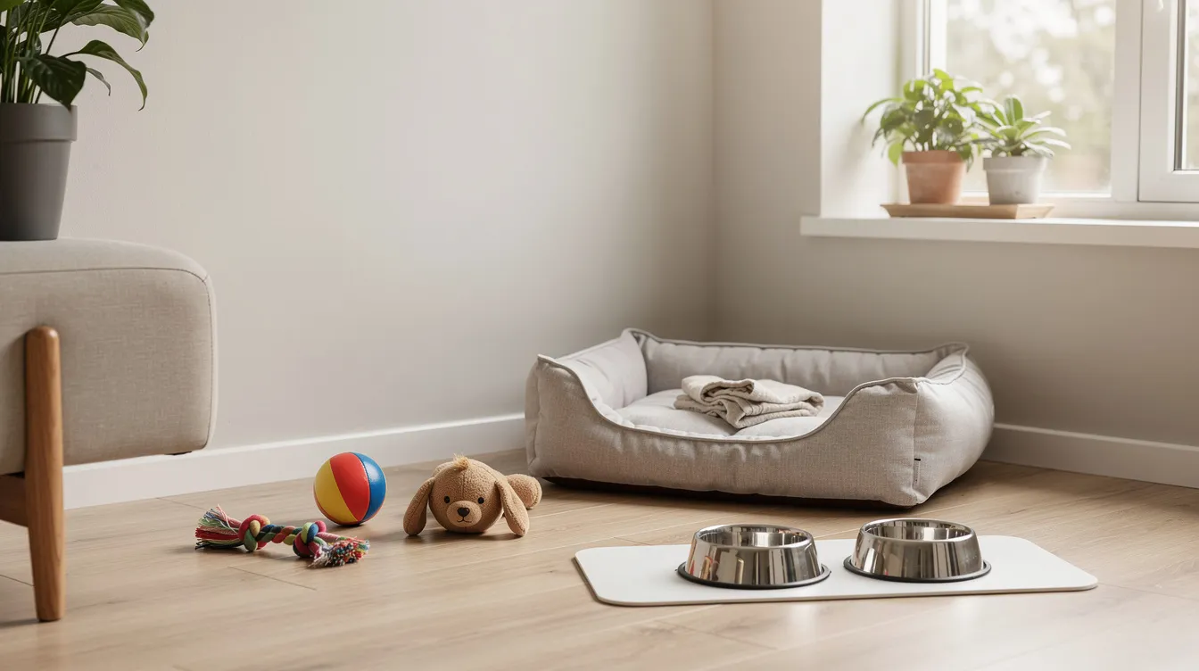 Das Bild zeigt eine saubere und organisierte Wohneinrichtung für Haustiere mit einem gemütlichen Tierbett, Futter- und Wassernäpfen, farbenfrohem Spielzeug und einem sicheren Innenbereich, der für Tiere wie Hunde, Katzen und kleine Haustiere wie Meerschweinchen und Ratten konzipiert ist. Diese einladende Umgebung betont die Bedeutung, ein liebevolles und unterstützendes Zuhause für zur Adoption bereite Haustiere zu bieten.