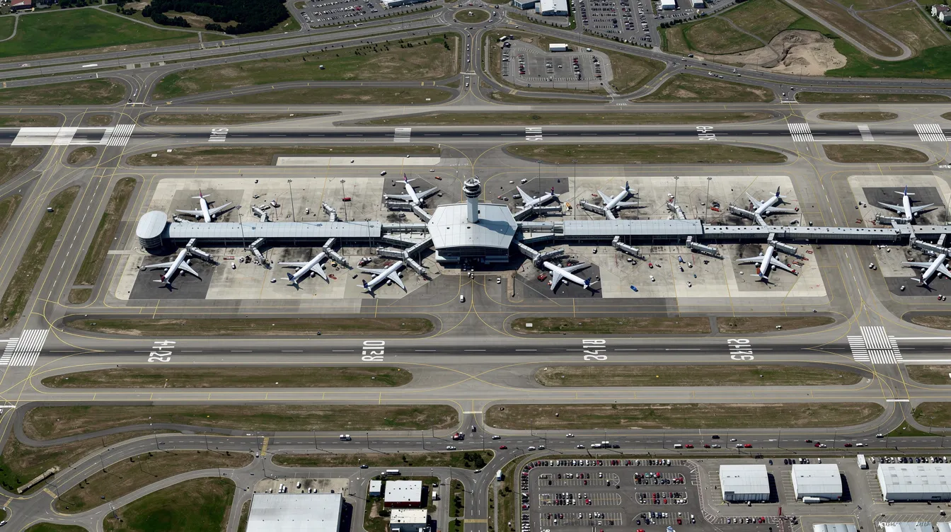 An aerial view of a large international airport showcases multiple runways and taxiways bustling with aircraft, illustrating the extensive operations of major airlines like United Airlines and Continental. This expansive layout highlights the airport's role as a key hub for flights connecting cities across North America, Europe, and Latin America.