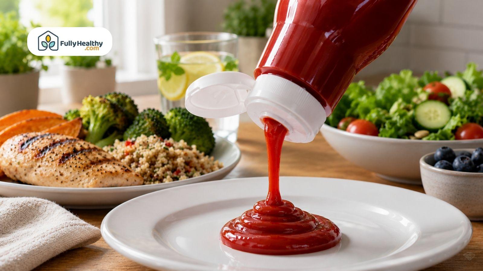 Ketchup being squeezed onto a plate beside grilled chicken, quinoa, broccoli, and fresh salad.