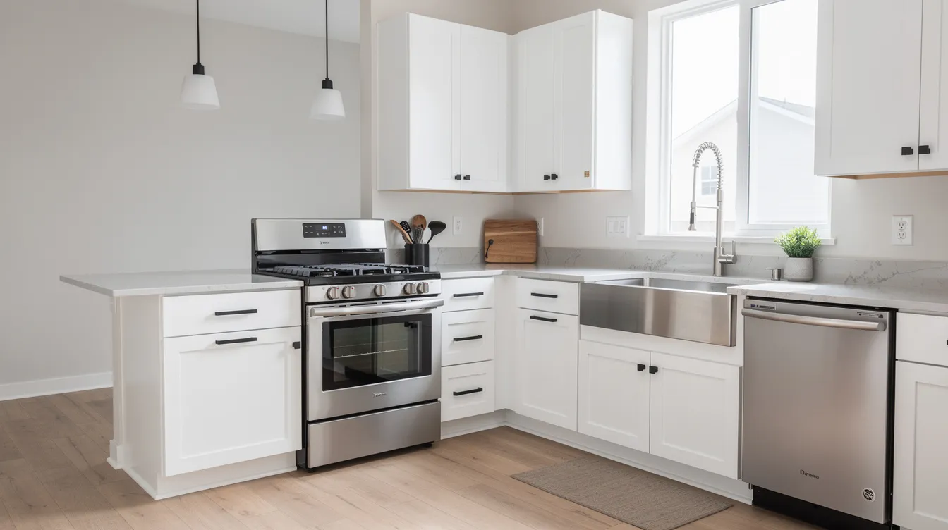 The image depicts a freshly renovated modern kitchen featuring sleek new countertops and updated fixtures, ideal for a rental property. This inviting space showcases the potential for generating rental income and enhancing the property's value for real estate investors.