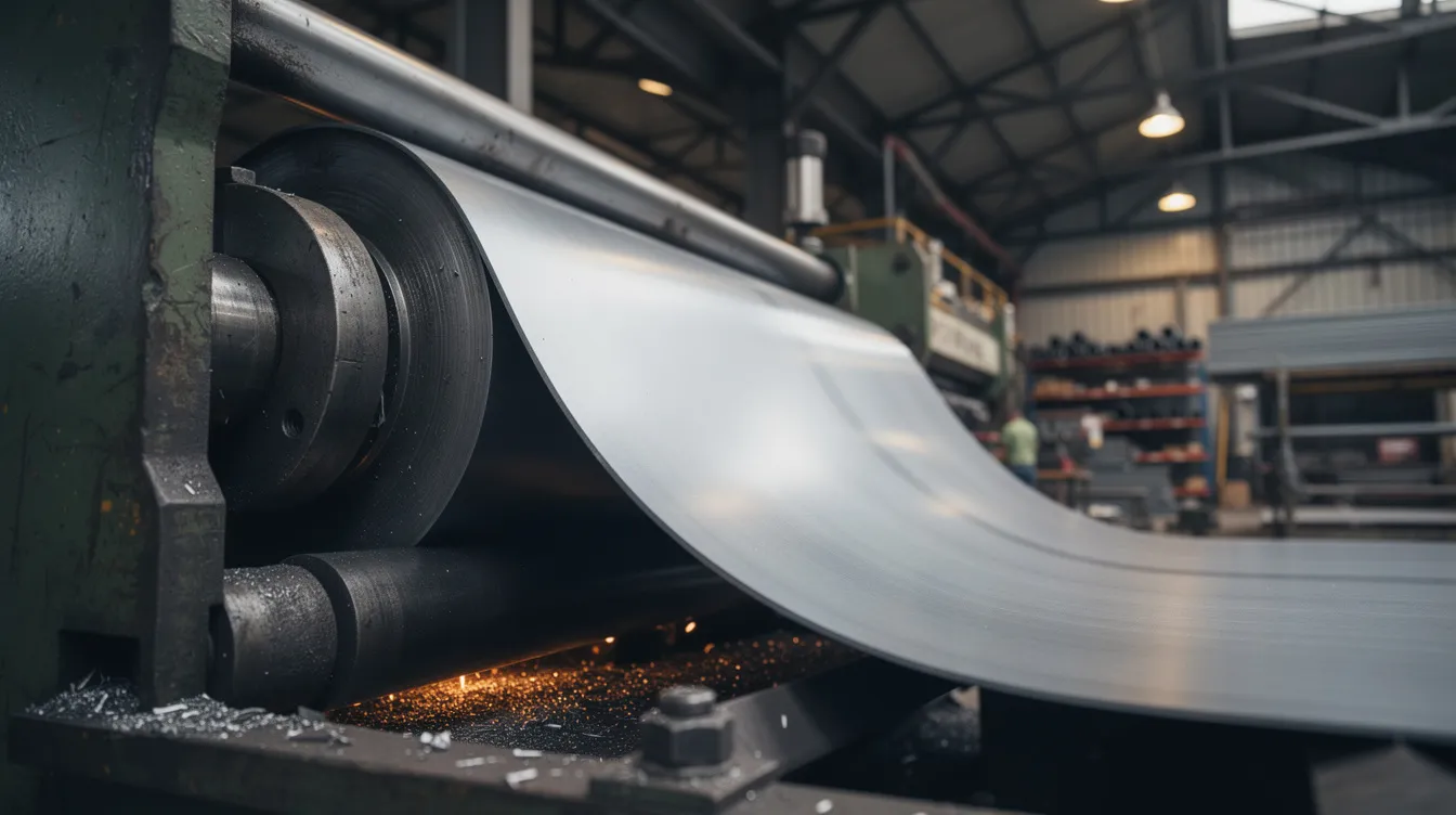 A close-up view of a large industrial plate rolling machine is shown, expertly curving a thick steel plate in a metal fabrication workshop. This image highlights the intricate details of the rolling process, showcasing the machine's rollers and the uniform thickness of the steel plate being formed.