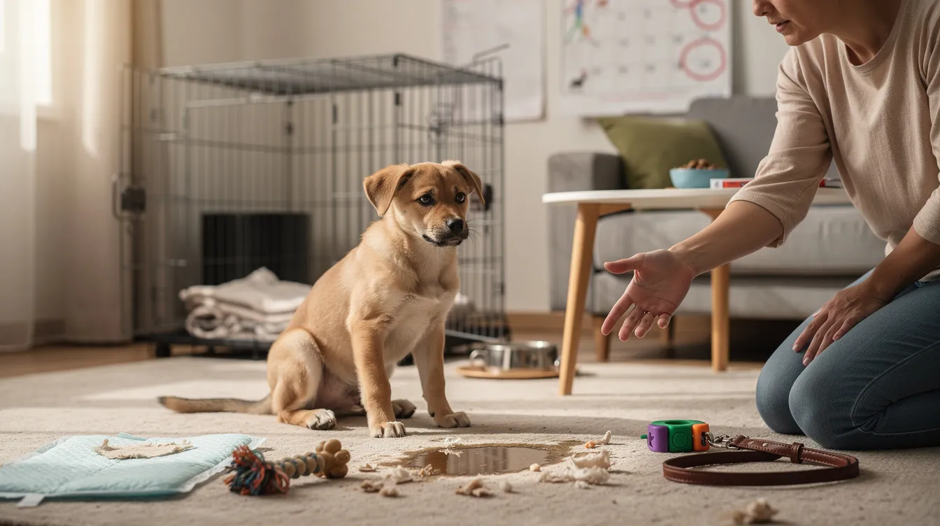 The image depicts a young puppy sitting on a grassy area, looking slightly confused as it appears to be having a potty training regression moment. Surrounding the pup are training tools like a leash and treats, symbolizing the importance of consistent training sessions and positive reinforcement during this normal part of development.