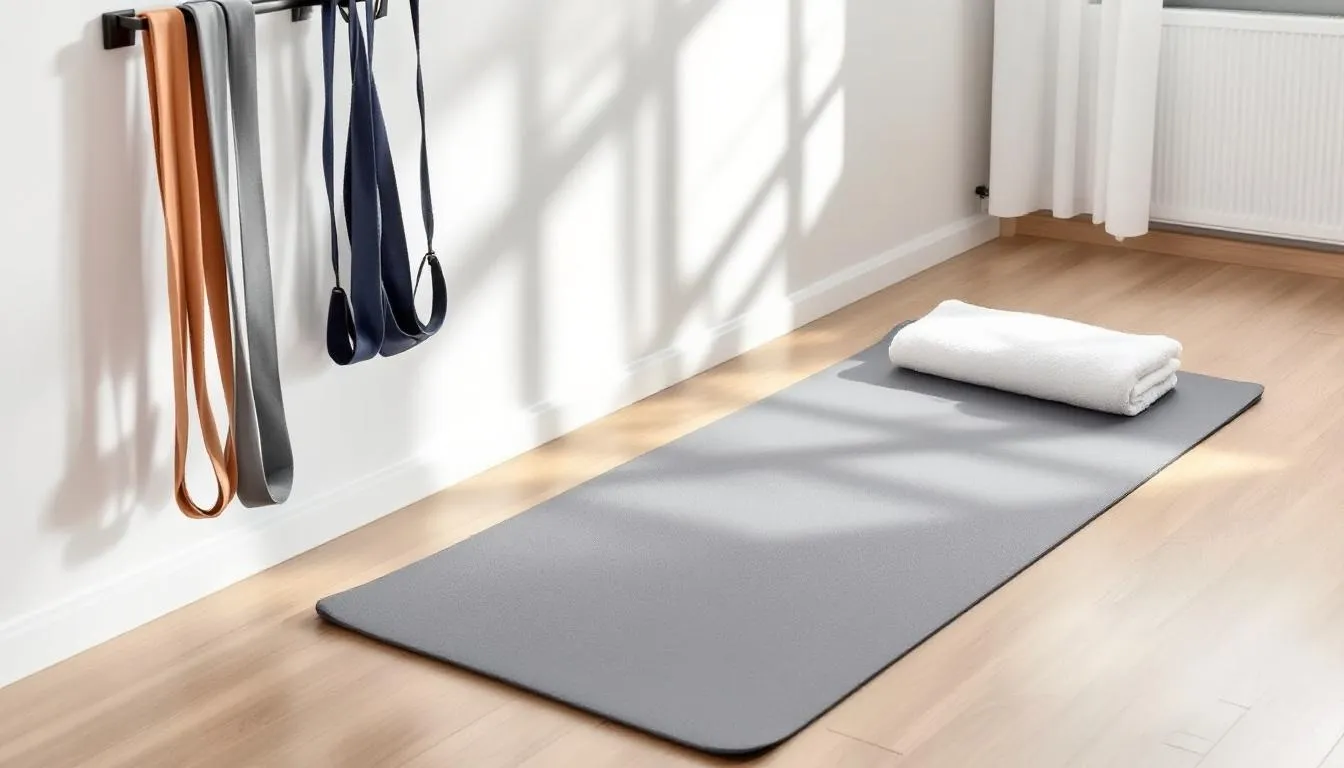 The image depicts a clean and organized home workout space featuring a yoga mat, resistance bands, and a towel neatly arranged, perfect for a 10 minute Pilates workout. This setup encourages body awareness and enhances mental health through focused exercise.
