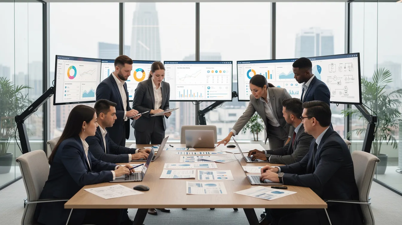 The image depicts a modern office environment where professionals are engaged in reviewing documents and analyzing digital screens, likely related to energy projects and transactions in the energy sector. The setting suggests collaboration on renewable energy initiatives and project finance, highlighting the dynamic nature of the energy industry.