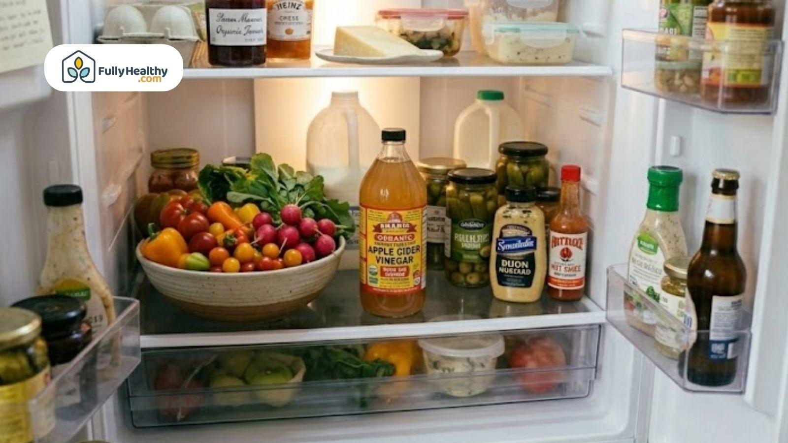 Apple cider vinegar bottle stored inside a refrigerator with vegetables and condiments.