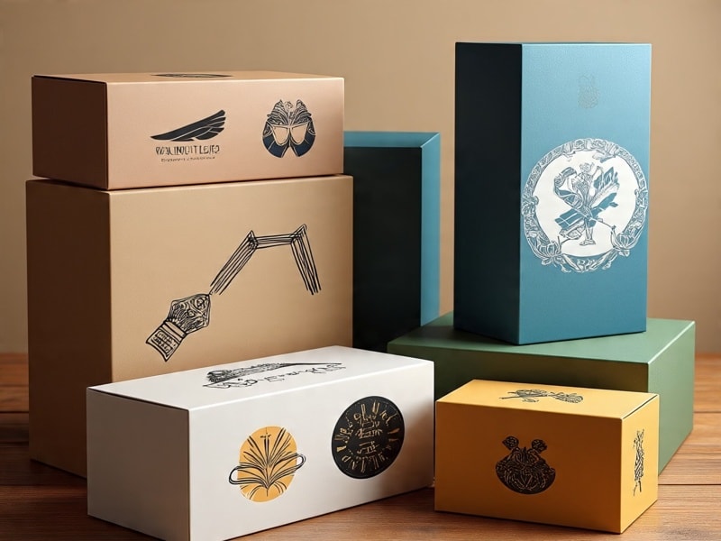 An image of several colorful packaging boxes arranged on a wooden table, each box decorated with artistic drawings and logos in different colors like blue, gold, and cream.