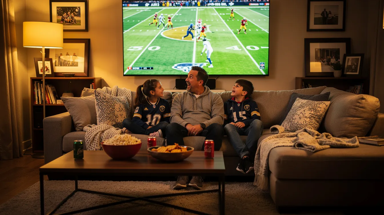 A family is gathered in a cozy living room, enjoying a football game on a large wall-mounted television, showcasing the excitement of live sports. They are likely using a reliable IPTV service to access high-quality streaming of live TV channels and premium sports coverage.
