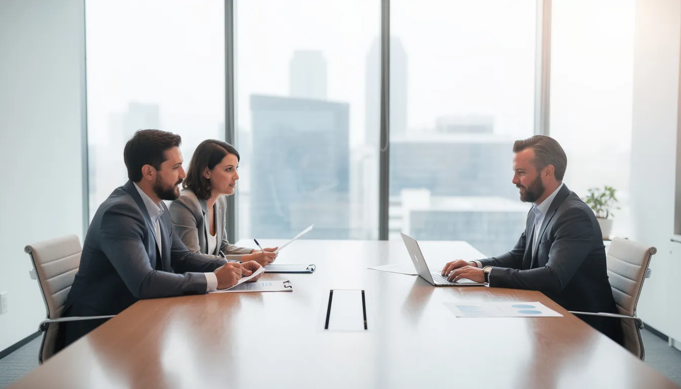 A professional retirement planner is engaged in a discussion with clients in a bright, modern office, focusing on retirement goals and personalized financial planning strategies. The atmosphere is collaborative, emphasizing the importance of retirement savings and investment risks for a secure retirement.