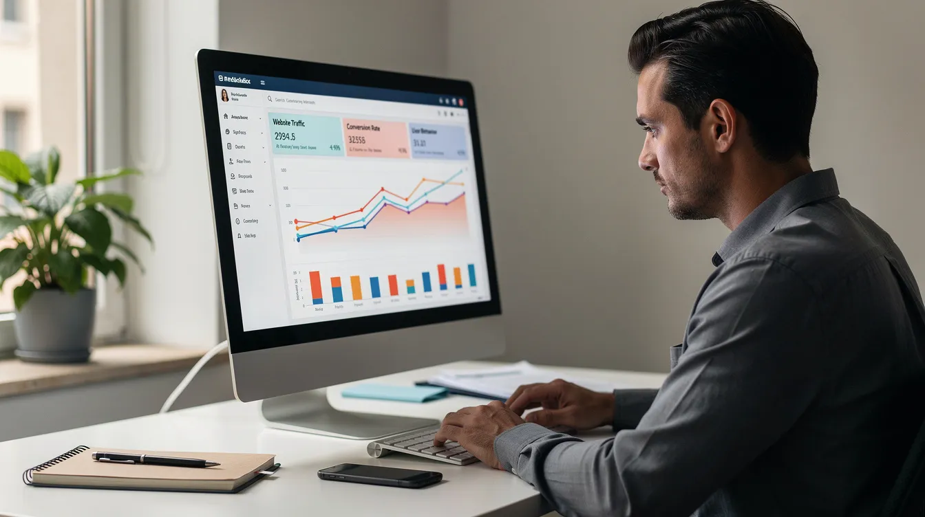 A business owner is intently reviewing website analytics displayed on a computer screen, analyzing metrics such as user engagement and spam score indicators to assess the performance of their online presence. The screen likely shows data related to inbound links, domain authority, and other factors crucial for optimizing their email marketing campaigns and overall SEO strategies.
