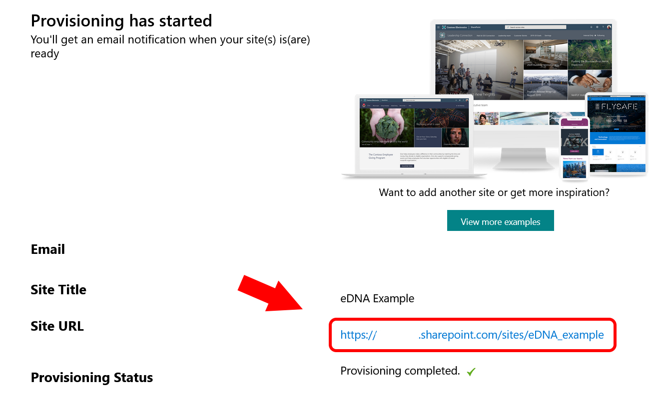 Click on the Site URL to visit your site once provisioning is complete
