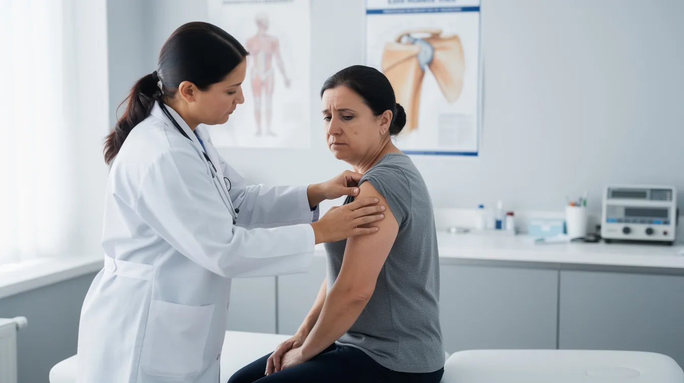 A medical professional is examining a patient's shoulder in a clinical setting, focusing on assessing any workplace injuries. This interaction highlights the importance of medical treatment for injured workers seeking to understand their workers compensation claim and reach maximum medical improvement.