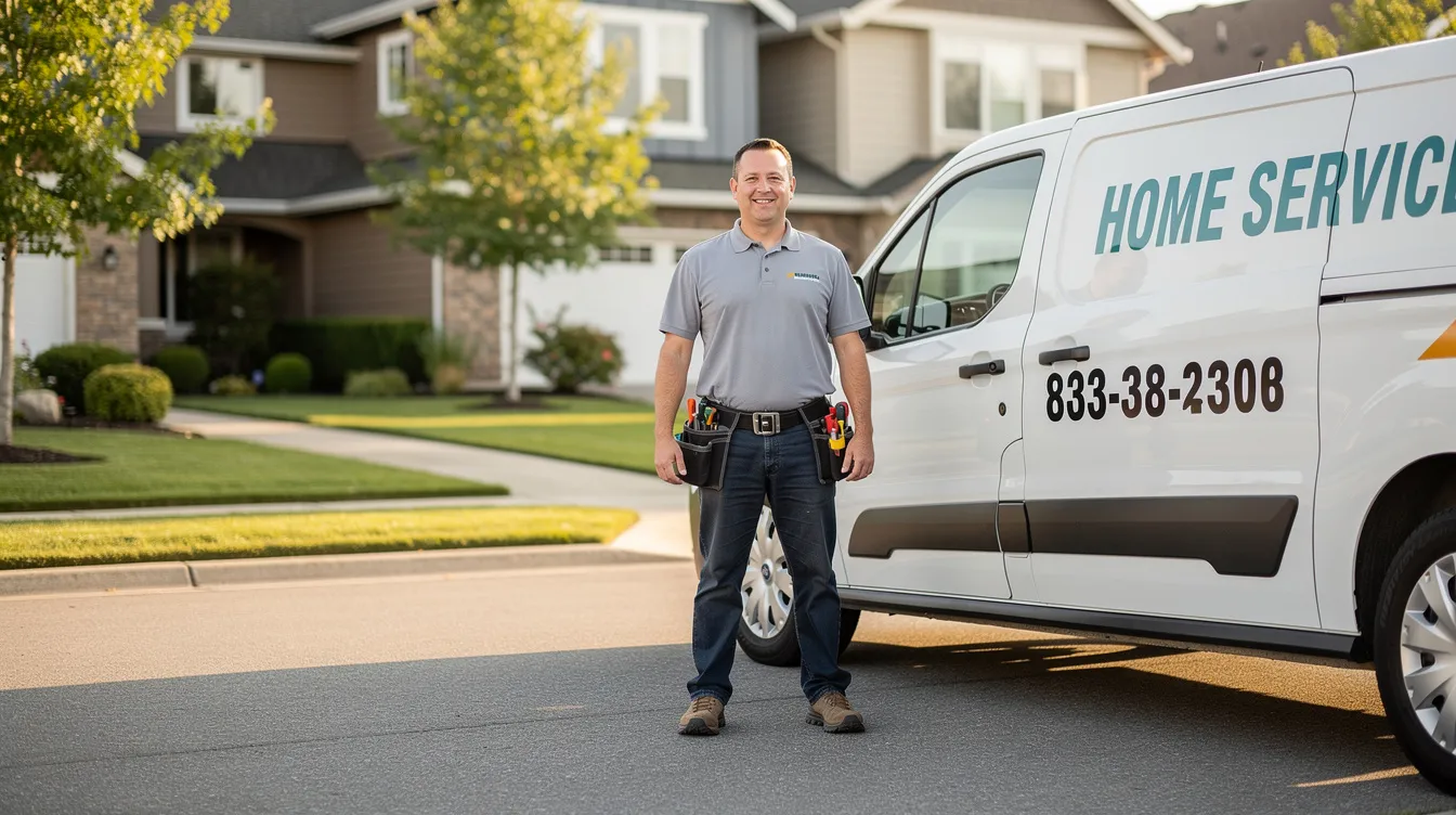 A home service technician stands beside a work van in a residential neighborhood, ready to provide reliable services to clients. The technician, dressed in a uniform, represents a small reseller business that focuses on building strong relationships with end customers in the community.