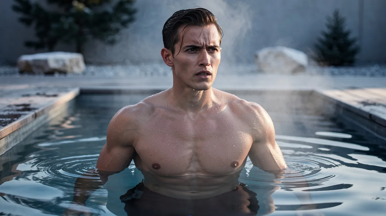 A person emerges from a cold plunge pool with a focused expression, embodying a proactive approach to maintaining vitality and overall well-being. This practice can enhance cognitive function and reduce inflammation, contributing to improved brain performance and energy levels.