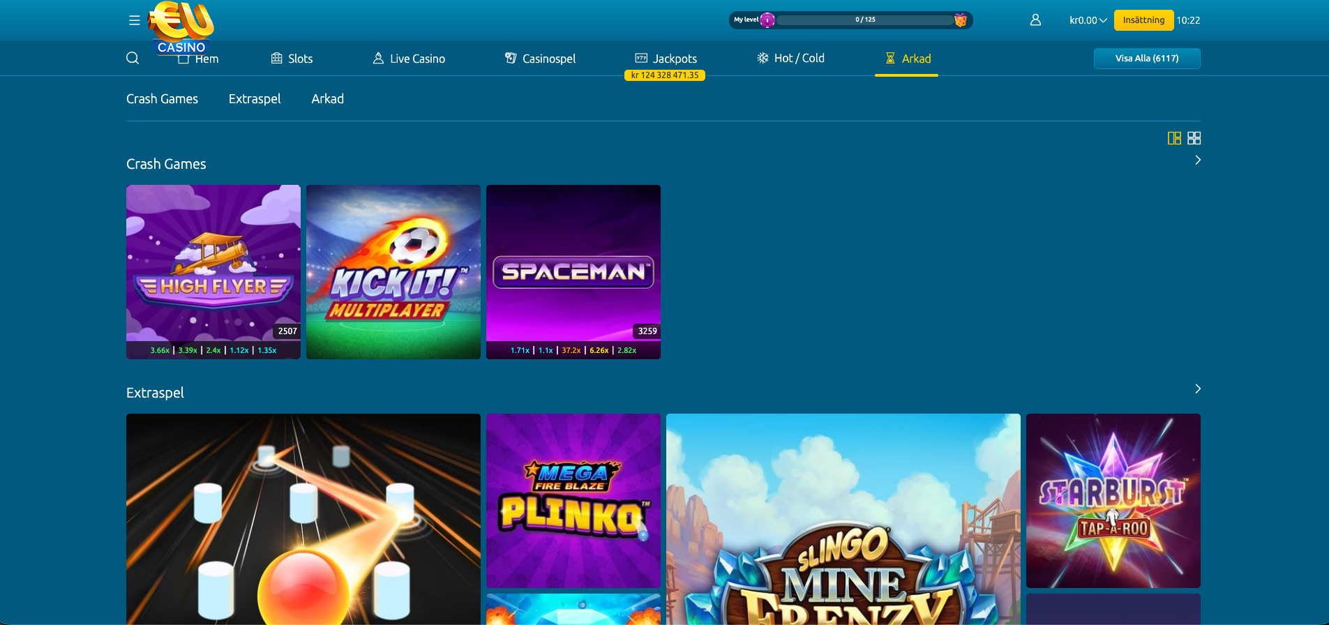 EUcasino arkad och crash games med snabbt speltempo på online casino för svenska spelare