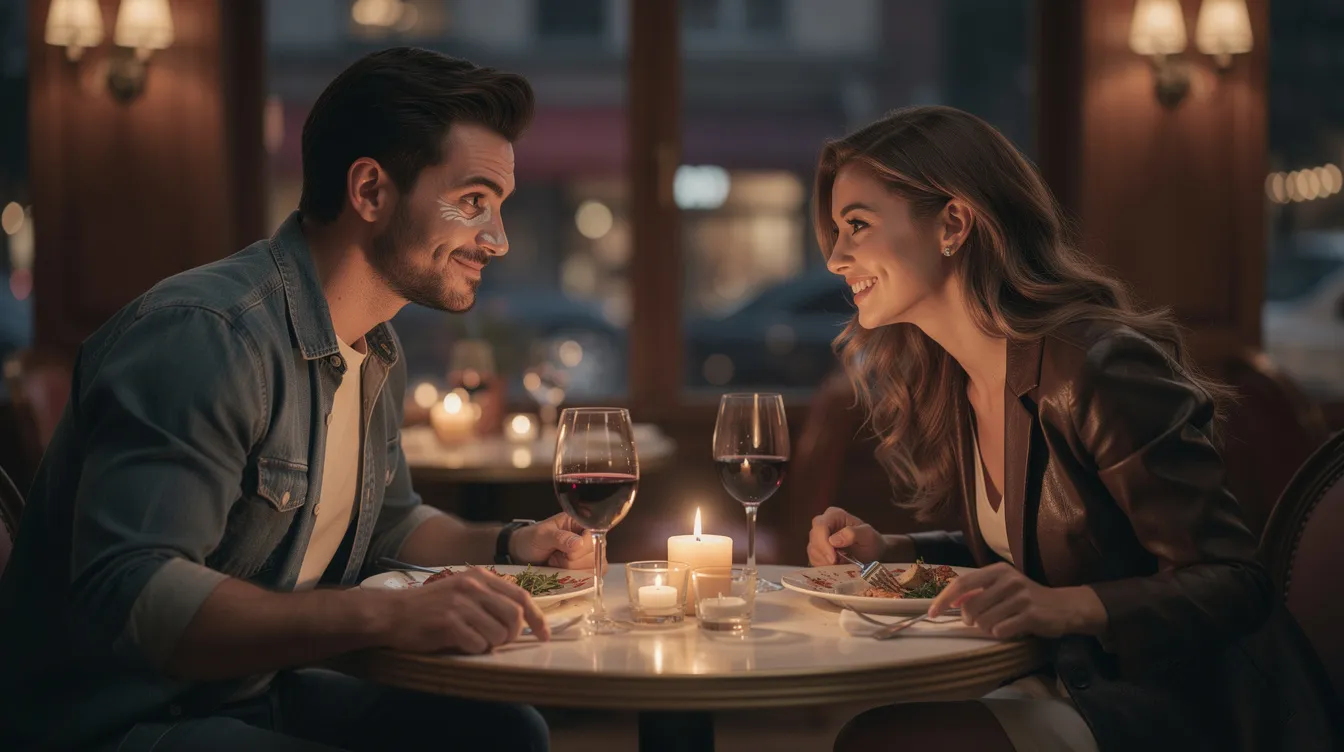 A man and woman are sitting at a table on a date, but the man's demeanor suggests he is being deceptive, possibly engaging in future faking with empty promises about their future together. The scene highlights the tension in romantic relationships where one partner may manipulate the other with grand promises that lack genuine intention.