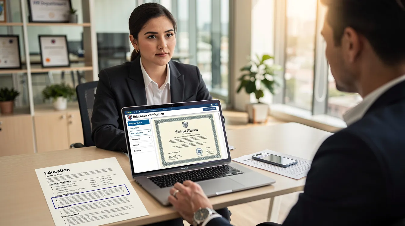 An employer is shown carefully verifying an applicant's educational credentials during a background check, highlighting the importance of distinguishing between legitimate high school diplomas and fake diplomas to avoid legal risks and potential fraud charges. This process ensures that the applicant's academic qualifications are genuine and protects the integrity of the hiring process.