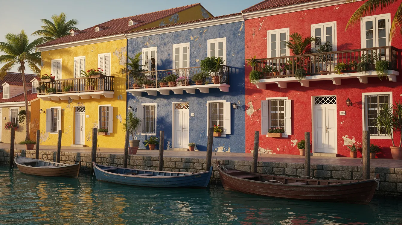 A imagem apresenta fachadas coloniais coloridas em tons vibrantes de amarelo, azul e vermelho, localizadas à beira de um canal caribenho com barcos ancorados. Este cenário pitoresco é típico de Willemstad, a capital de Curaçao, e reflete a rica cultura e história da ilha, tornando-se um destino encantador para turistas em busca de experiências únicas no Caribe.
