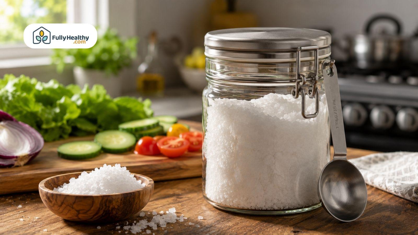 Glass jar filled with coarse kosher salt beside fresh vegetables on kitchen counter.