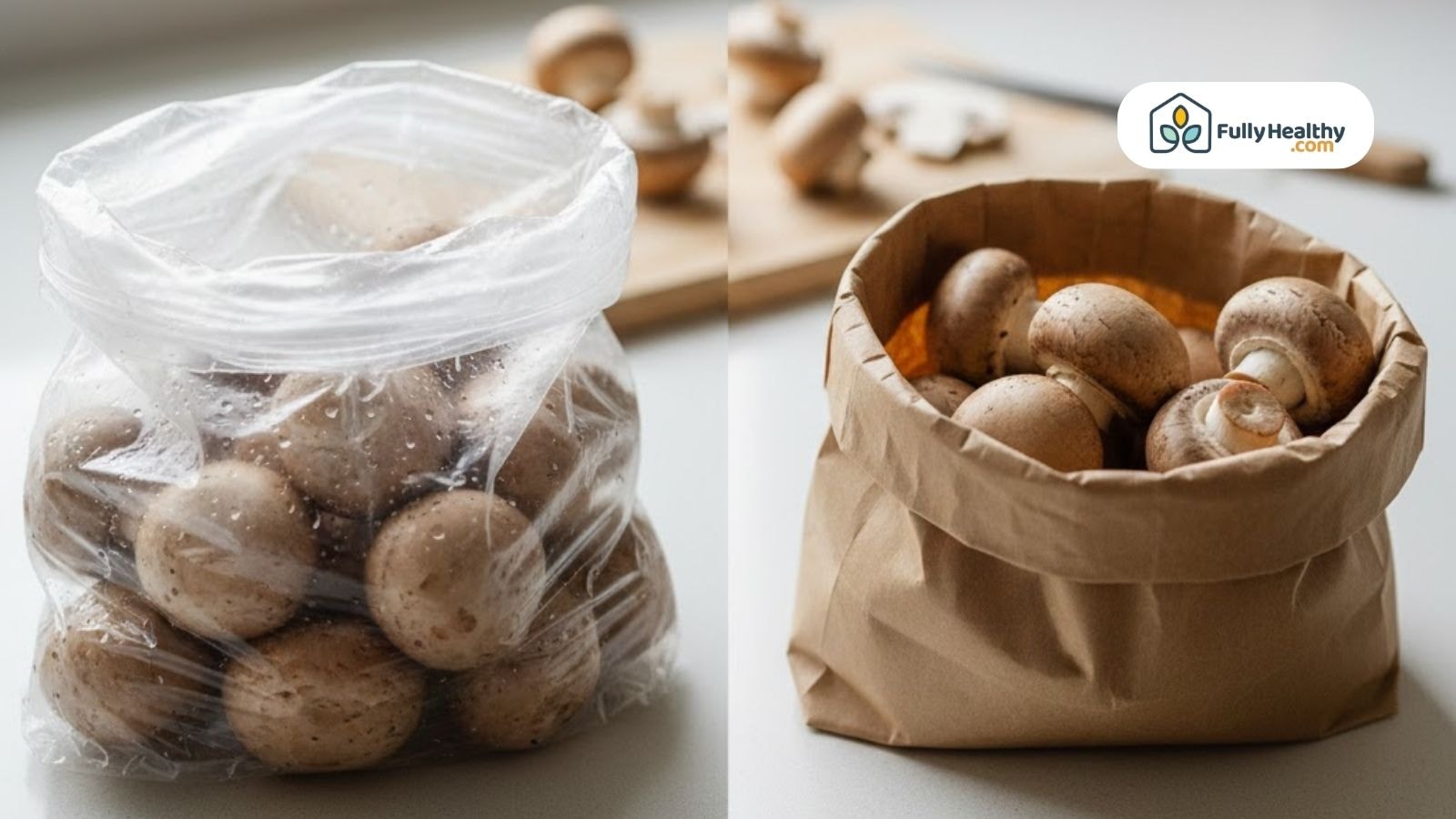 Comparison of mushrooms in plastic bag versus brown paper bag.