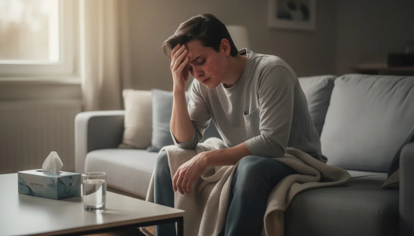 A person is sitting on a couch, appearing fatigued and unwell, with their hand on their head, possibly experiencing symptoms related to mold exposure, such as chronic headaches or brain fog. This scene may reflect the health problems associated with inhaling mold spores and the impact of mold on overall well-being.