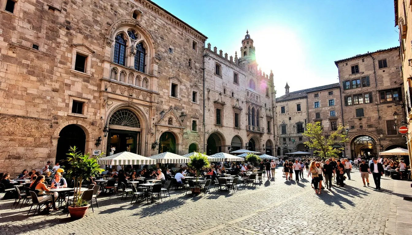 The image showcases a vibrant historic old town square in Bratislava, featuring medieval architecture and bustling outdoor restaurant terraces filled with diners. This lively scene is perfect for a stag do in Bratislava, where visitors can enjoy traditional Slovak dishes and the city's nightlife.