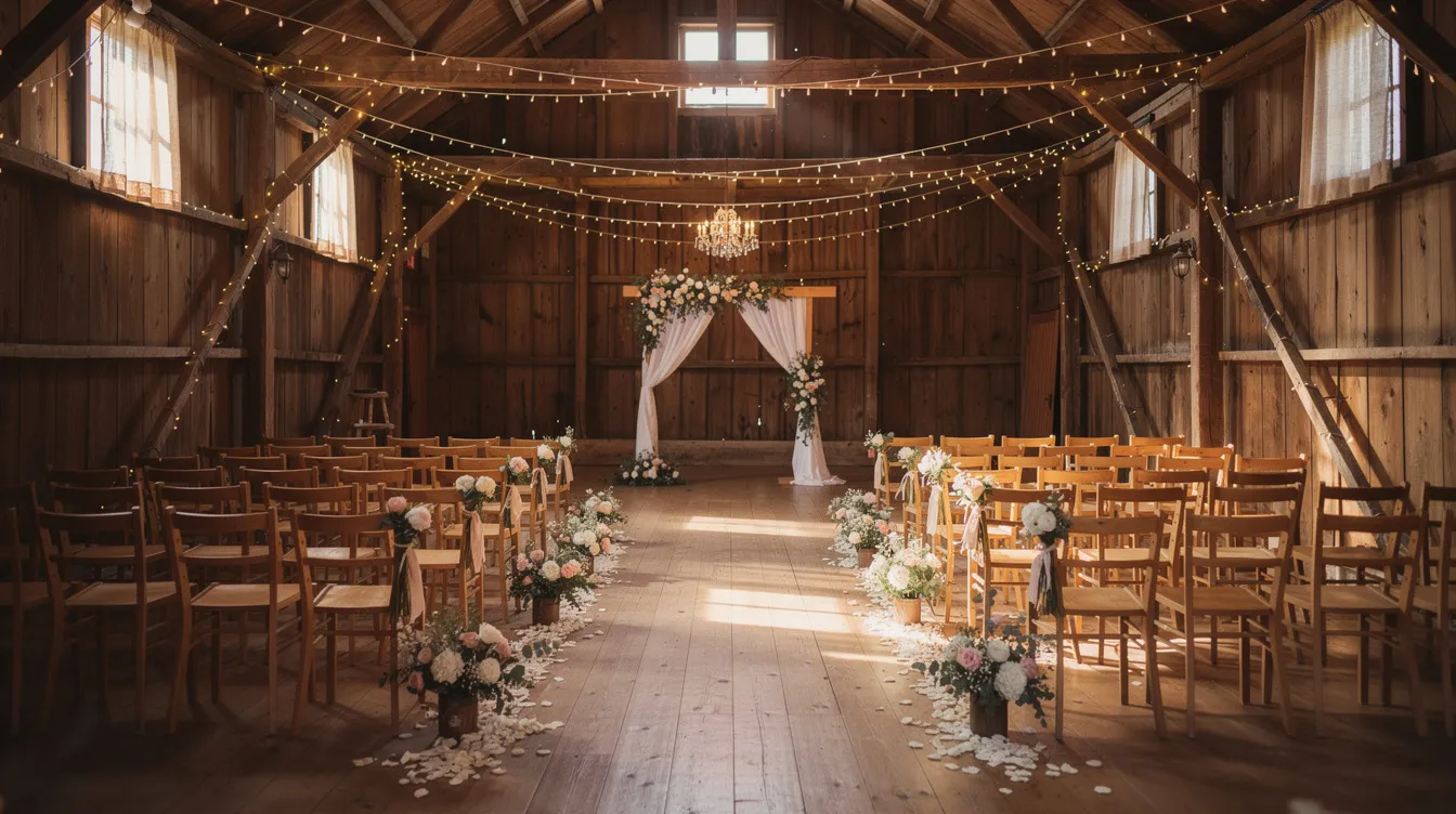 The image depicts the interior of a beautifully decorated barn for a wedding ceremony, adorned with twinkling fairy lights, wooden chairs arranged for guests, and vibrant flower arrangements that enhance the romantic atmosphere. This enchanting setting is perfect for an indie wedding, where upbeat indie wedding songs could play softly in the background, creating a memorable ambiance for the celebration.
