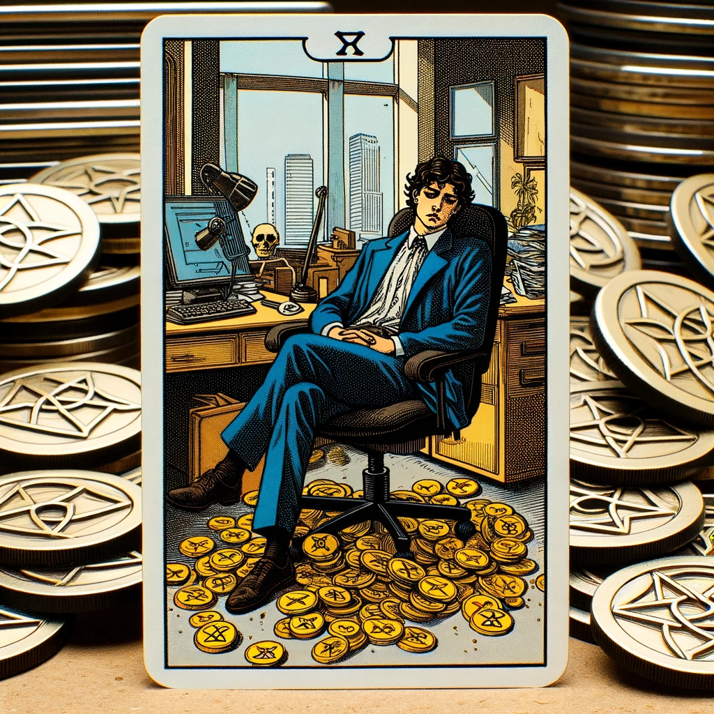 a disengaged figure at a desk, with scattered pentacles around, symbolizing career and financial stagnation, set in a disorganized office, emphasizing the need for reassessment of career goals and seeking new opportunities or training.