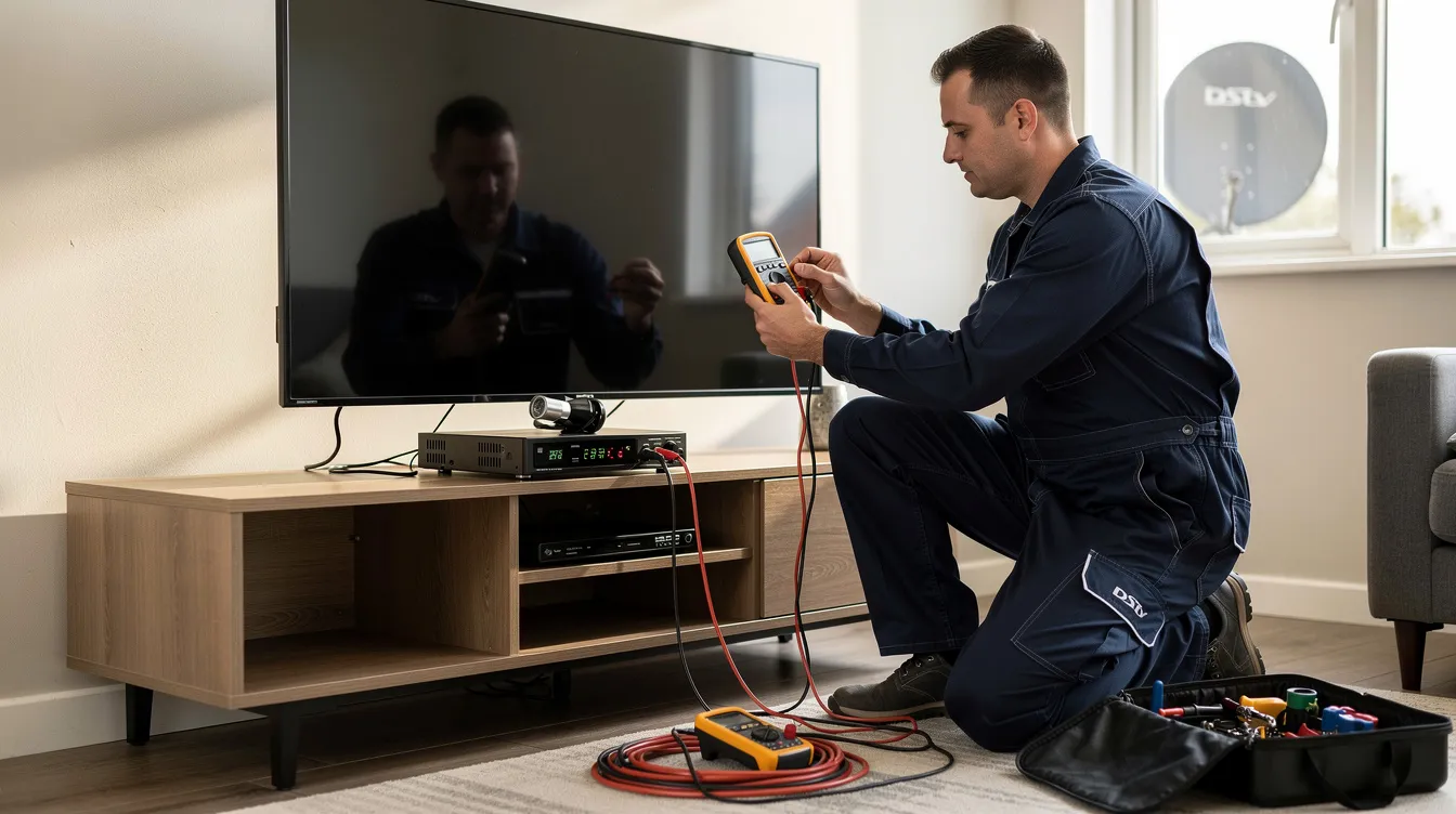 A DStv decoder repair technician is seen testing a decoder and checking the signal cable connection, ensuring optimal performance for the DStv system. The technician is focused on troubleshooting any signal issues to provide reliable DStv repair services.