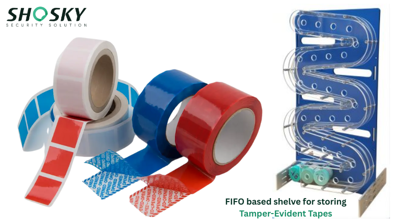 Organized rolls of tamper-evident tape on FIFO-based shelf for businesses