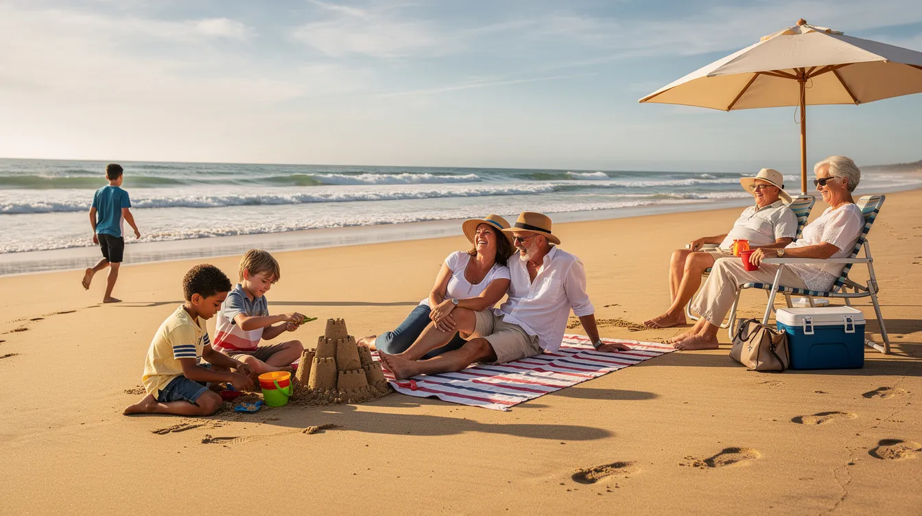 A family is relaxing on a wide sandy beach, enjoying the gentle ocean waves in the background. This perfect place for a family vacation offers a serene atmosphere, ideal for those looking to explore Ship Bottom vacation rentals on Long Beach Island.