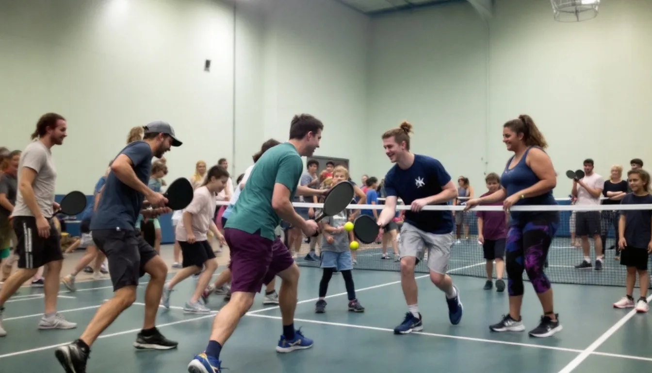 The image depicts a vibrant indoor pickleball court at the Pickleball Kingdom Club, where players of various ages are engaged in lively games, showcasing the sport's growing popularity and community spirit. The dynamic atmosphere highlights the fun and excitement of pickleball as one of the fastest-growing sports in the world.