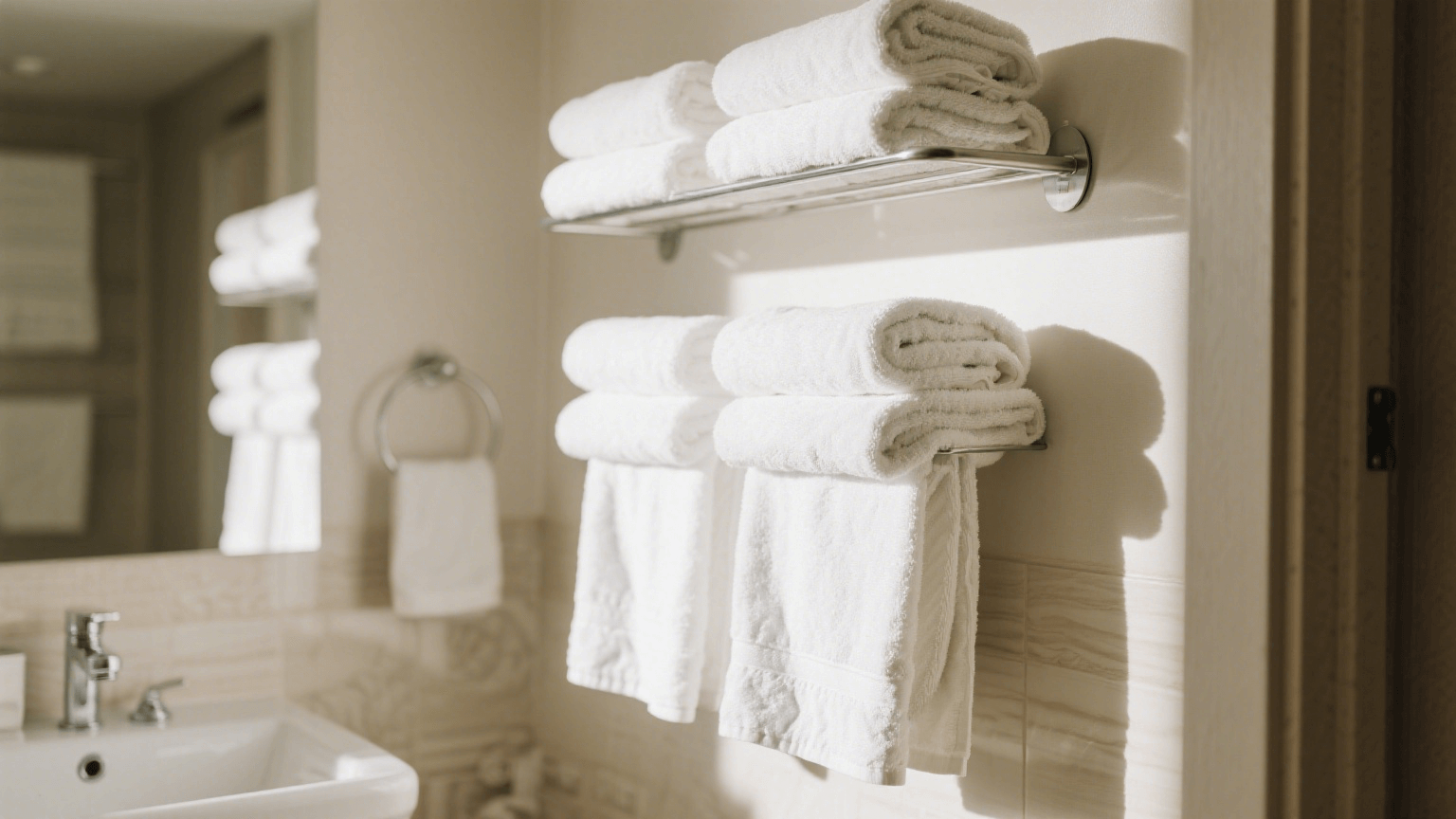 Neatly stacked bath towels in the hotel bathroom