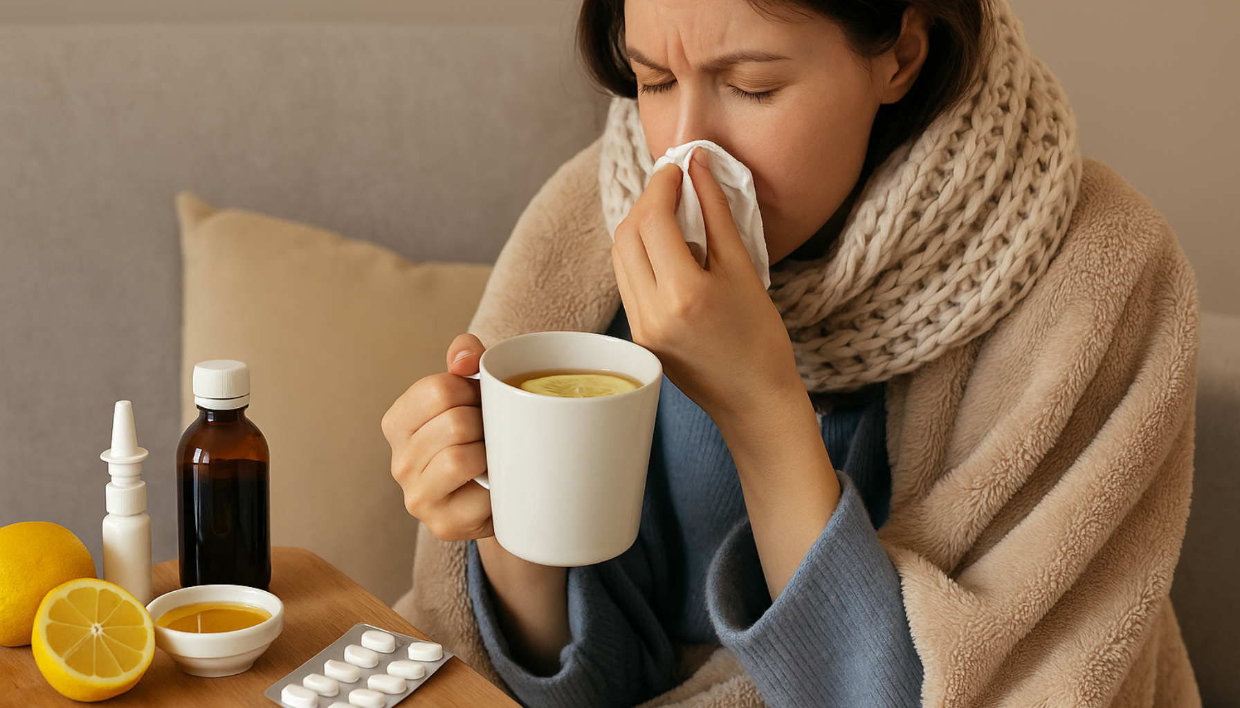 Kvinne med forkjølelse sitter under teppe, holder kopp te med sitron og bruker lommetørkle.