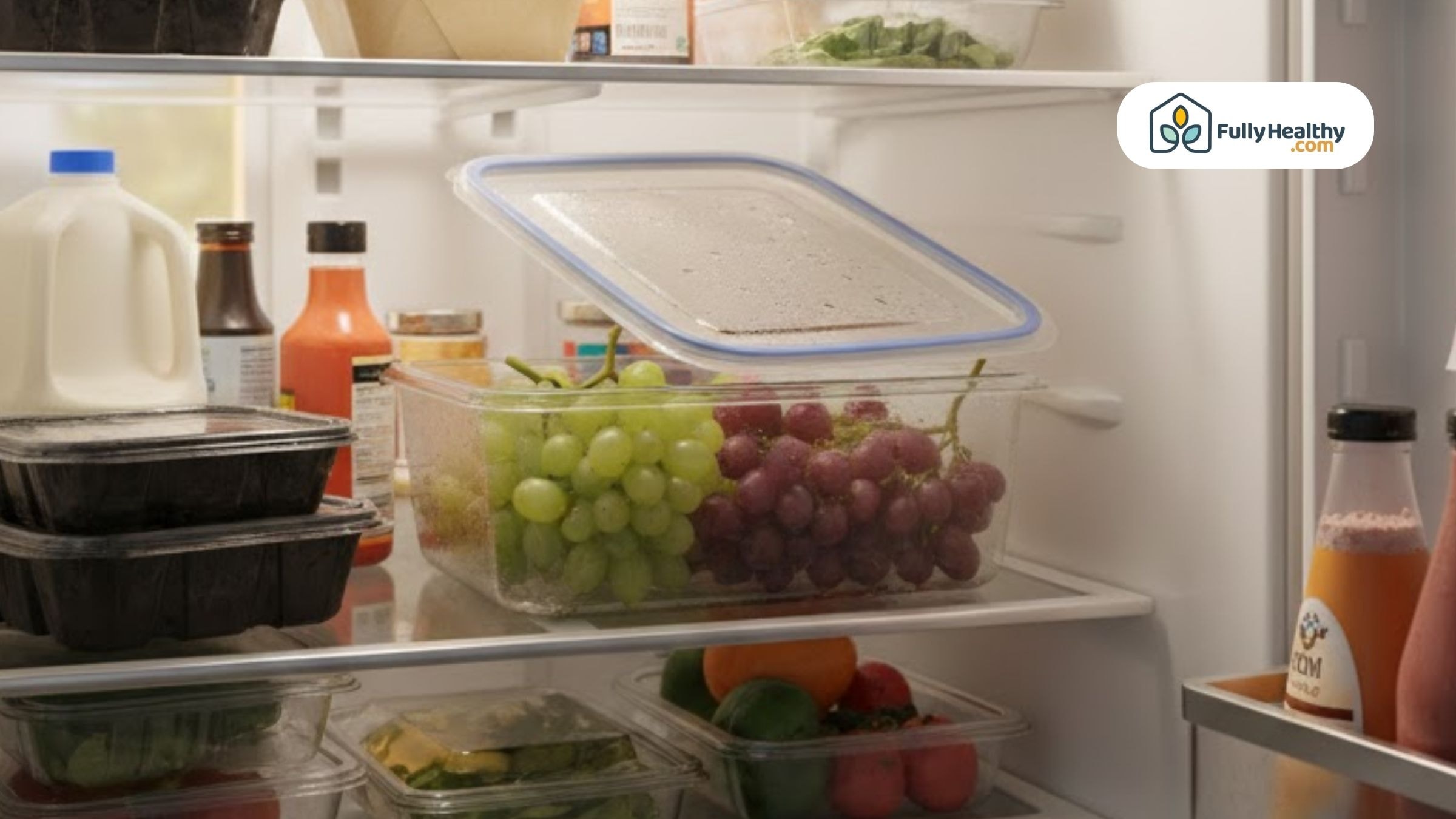 Clear container of green and red grapes stored on a refrigerator.