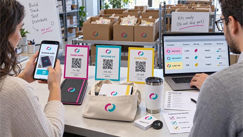 Marketing team testing campaign QR codes, landing pages, CRM tags, and recipient tracking before distribution