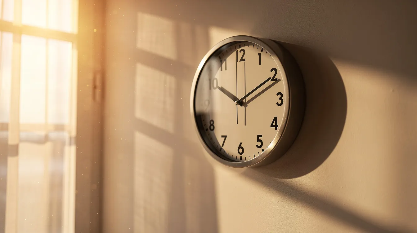 A wall clock indicates the afternoon time, surrounded by warm sunlight streaming through a window, creating a cozy atmosphere. This scene evokes a sense of tranquility, reminiscent of leisurely moments spent in Italy.