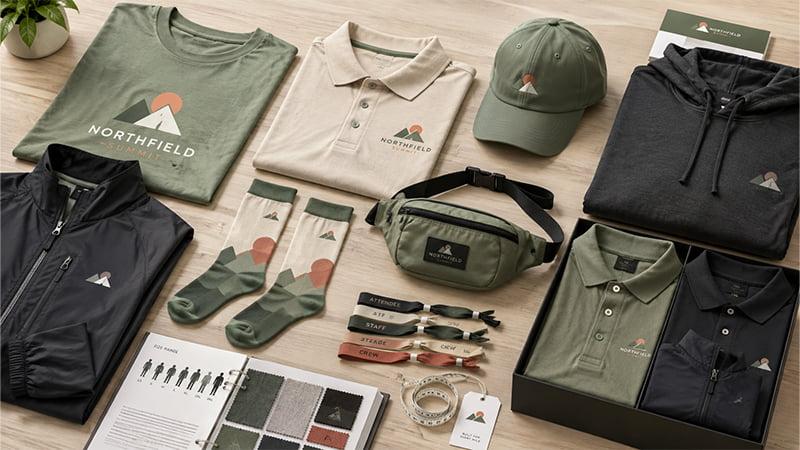 Custom event apparel including branded t-shirts, polo shirts, hats, hoodies, jackets, socks, and wearable swag for company events