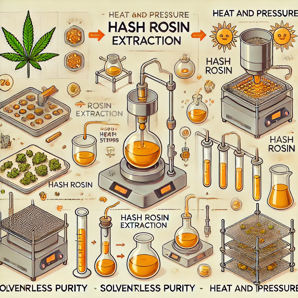 A comparison image of different cannabis concentrates, including hash rosin, live resin, and shatter, highlighting the unique textures, colors, and consistencies of each extract.