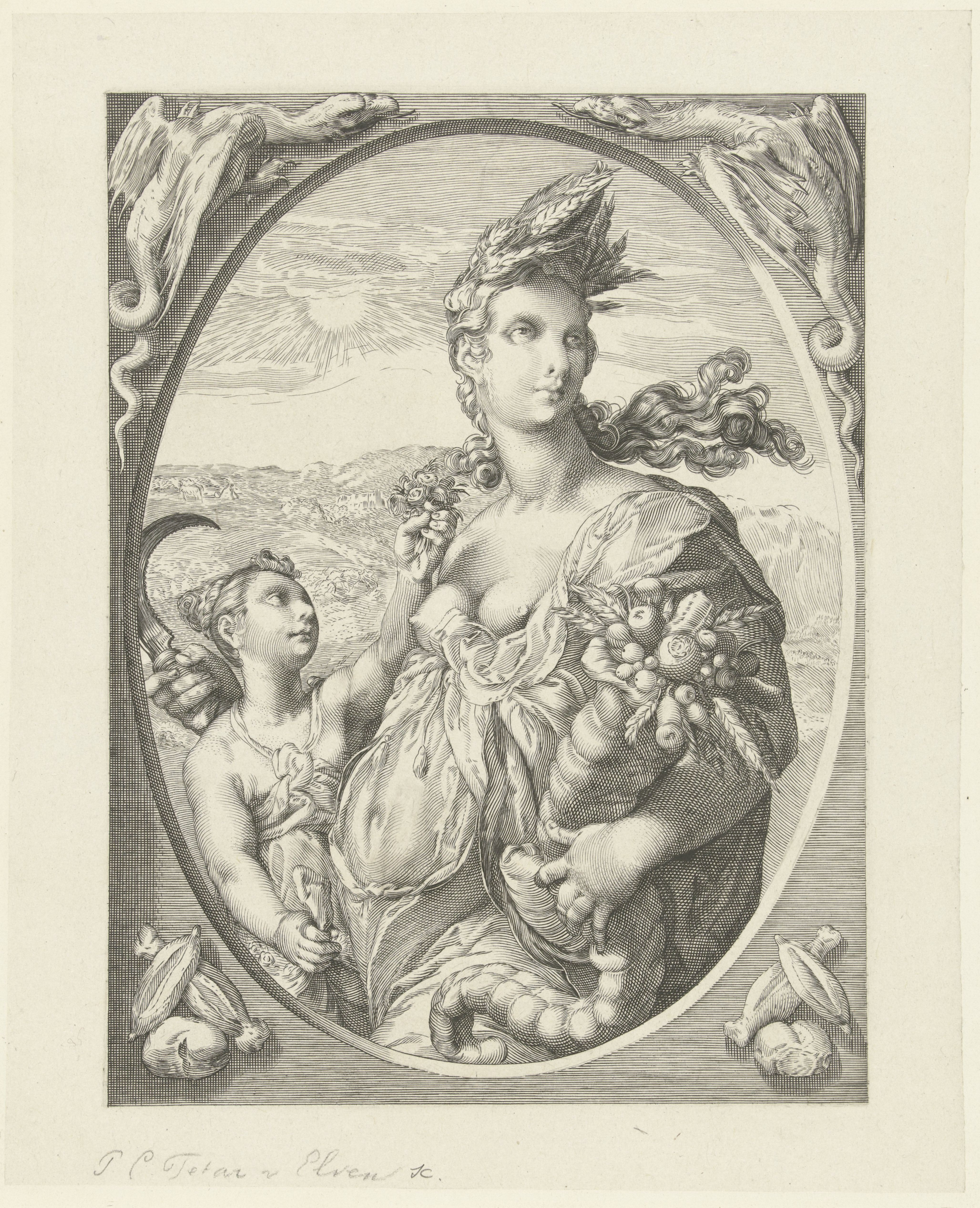 Ceres holds a cornucopia and sickle next to Proserpina.