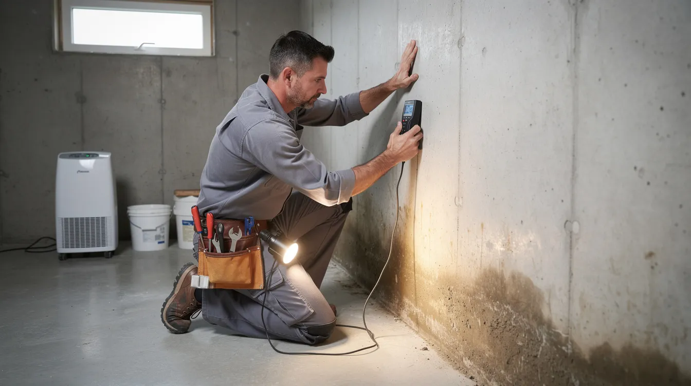 A professional foundation water repair technician is inspecting the basement walls for moisture issues, focusing on areas where water is seeping through cracks. The technician is assessing potential causes such as poor drainage and hydrostatic pressure that could lead to future leaks and compromise the home's structural integrity.