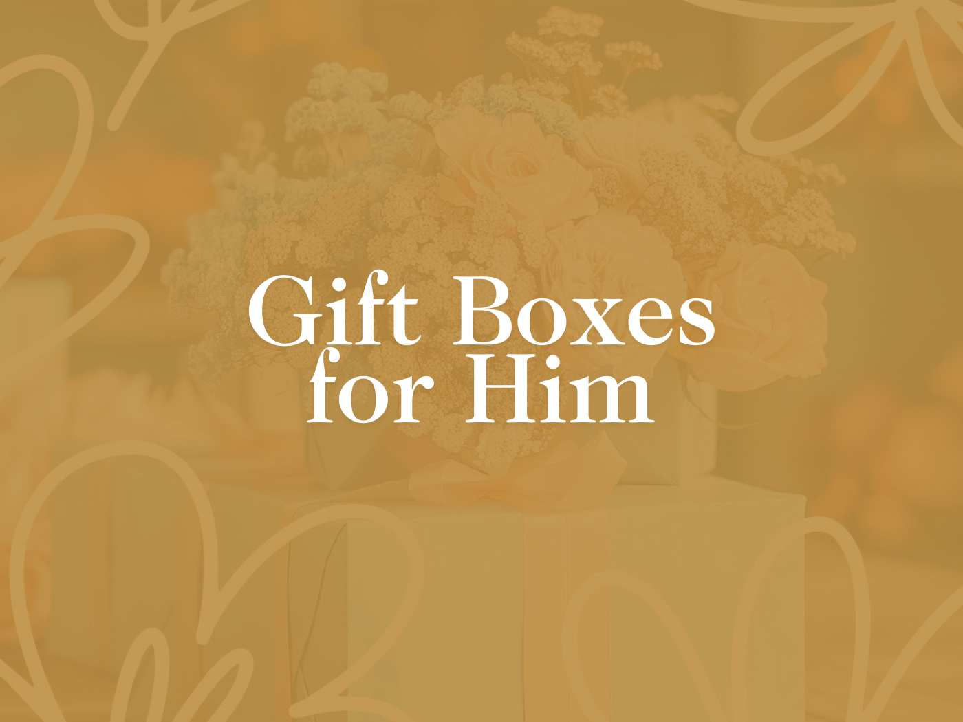 A decorative display of gift boxes with flowers, representing the Gift Boxes for Him Collection - Gift hampers from local artisans make a good gift - Fabulous Flowers and Gifts